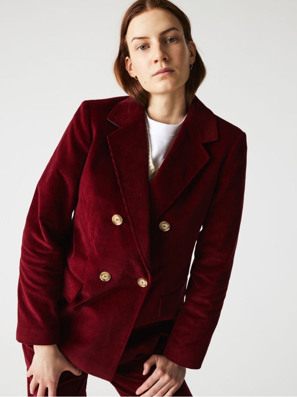 Lacoste Women’s  Burgundy Double-Breasted Corduroy Blazer Size 4(S)